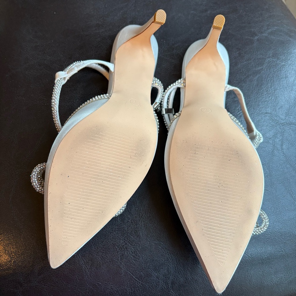 Elegant White Satin Wedding Heels with Rhinestone Bow & Adjustable Ankle Strap! - Picture 5 of 9